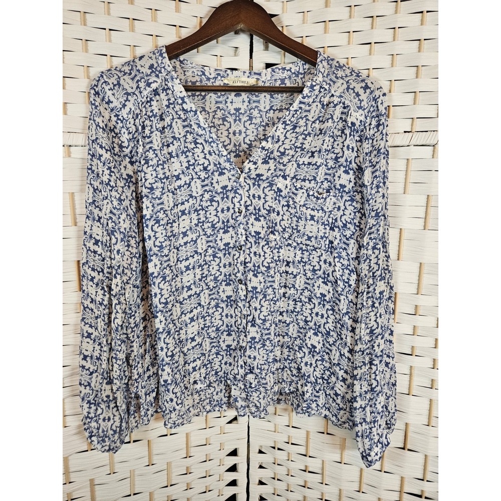 Alythea Women's Blouse Sz M Blue Floral Bloomcore Cottagecore